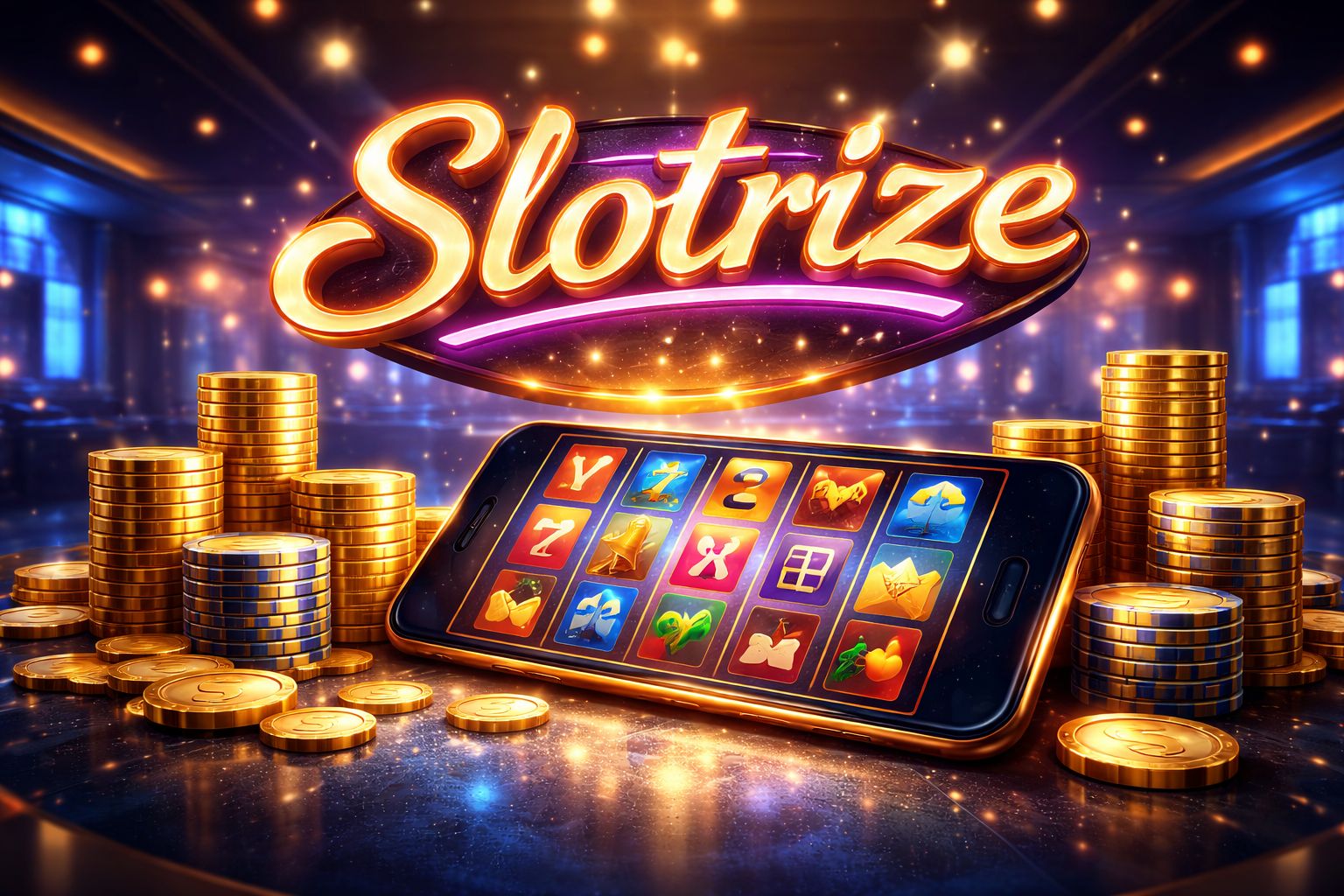 A bright casino scene with Slotrize displayed on a glowing neon sign above stacks of chips and a mobile gaming screen.