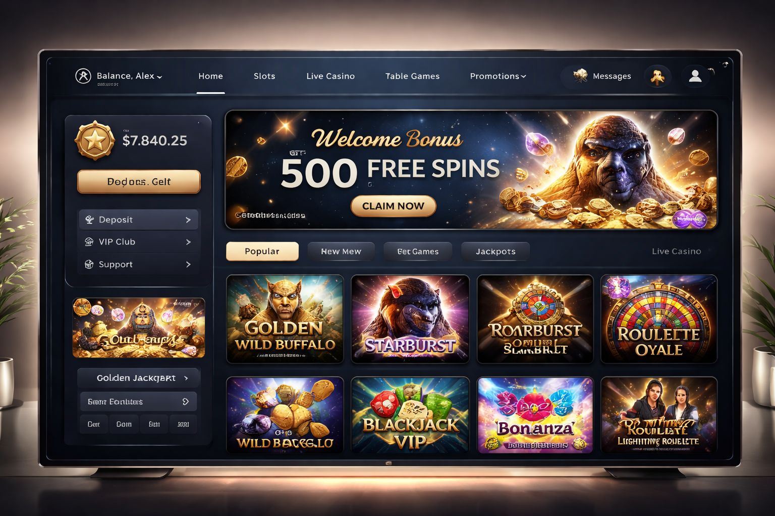 A sleek digital casino lobby interface showing featured Slotrize games, bonus banners and a simple navigation menu.