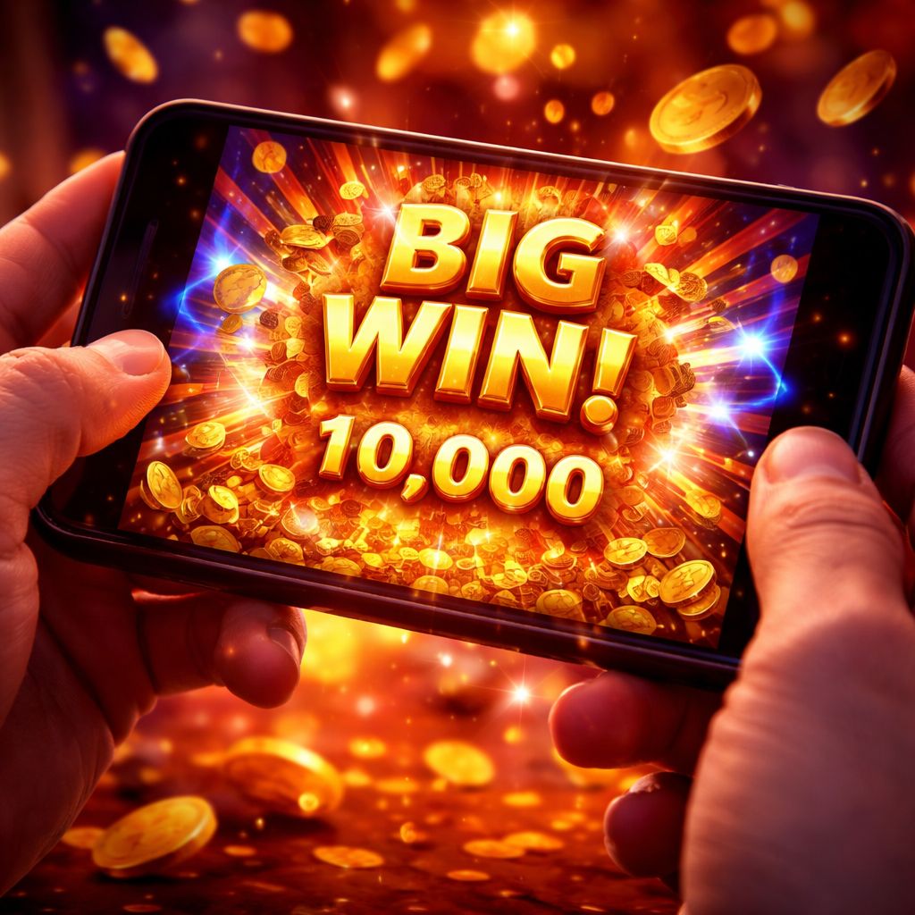 A player viewing a colorful Slotrize slot game on a smartphone as coins and win effects appear on screen.