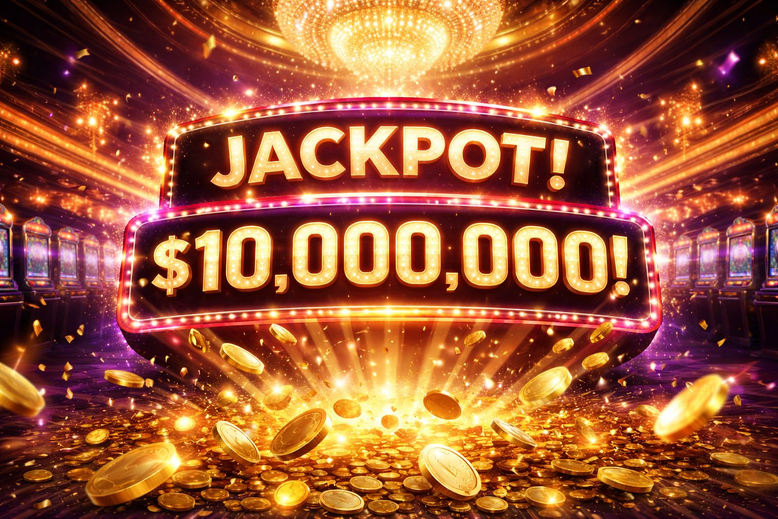 A dramatic casino display featuring a large jackpot message, shining lights and celebratory gold coin effects for Slotrize players.