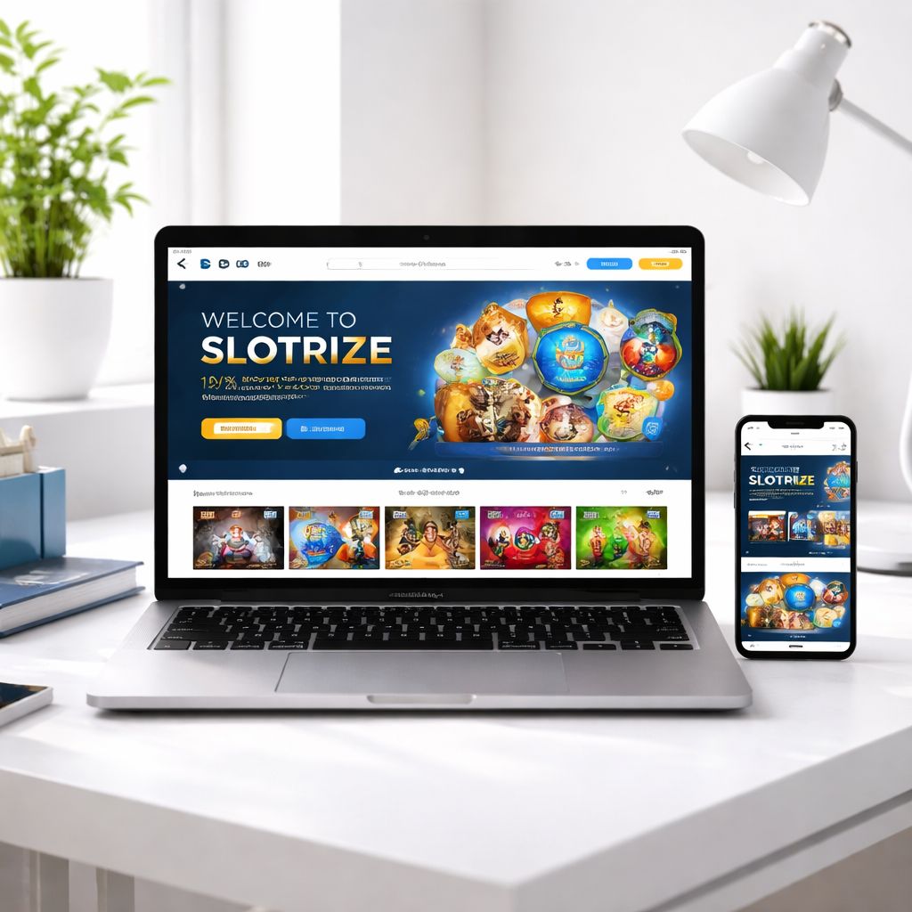 A laptop and smartphone showing the Slotrize casino homepage with games, promotions and a clean responsive design.