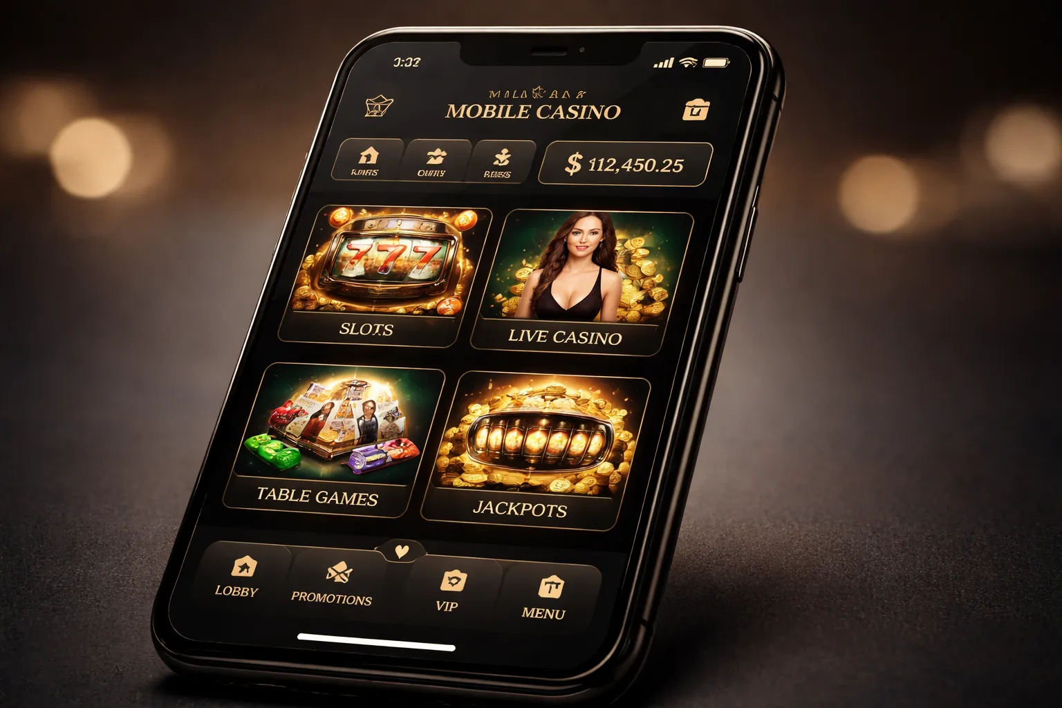 Mobile interface of Slotrize showing game categories and account tools