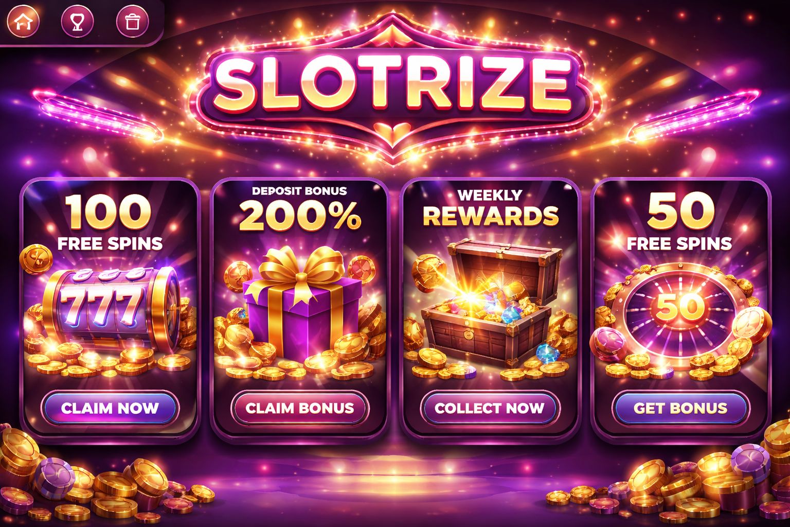 Slotrize casino rewards page with bonus cards and free spins icons