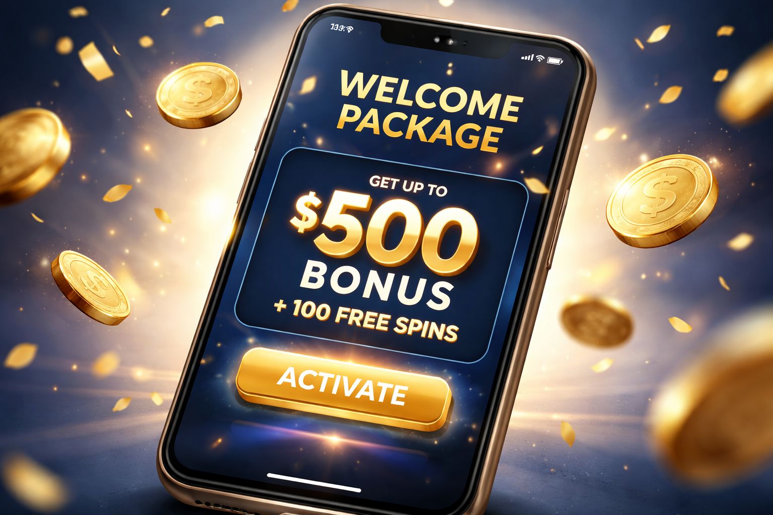 Mobile casino welcome package screen with bonus activation button