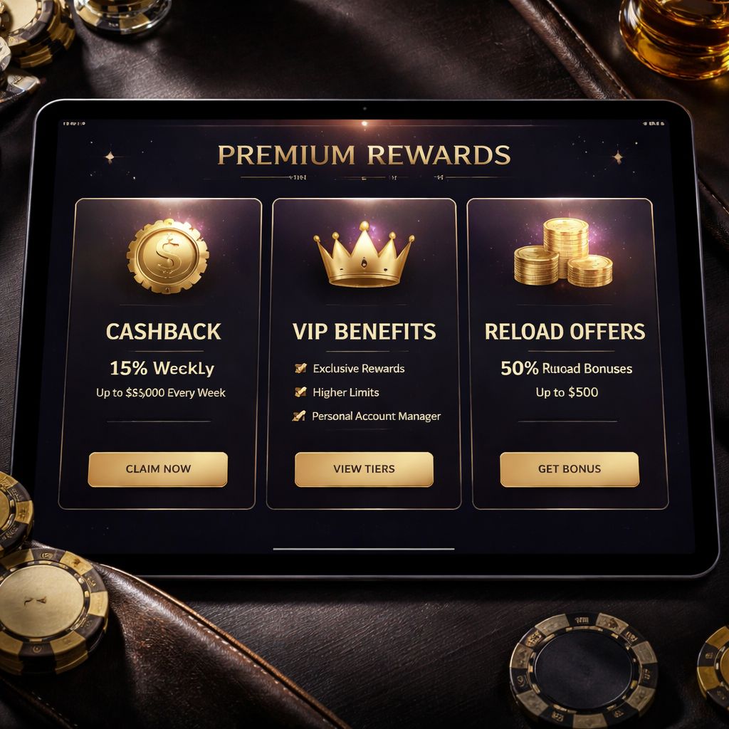 Casino loyalty and cashback dashboard with premium rewards layout