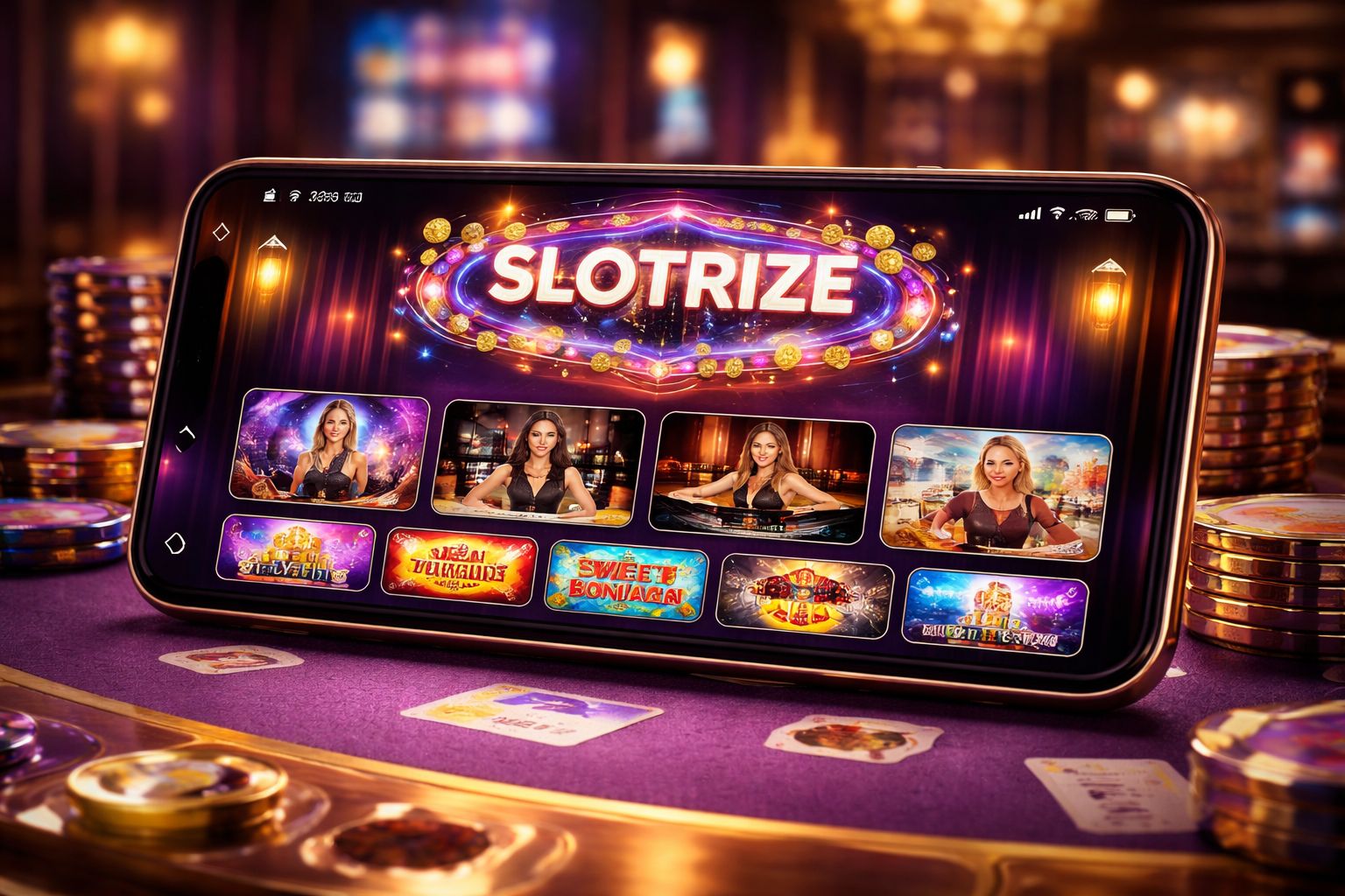 Slotrize casino lobby displayed on a modern phone with live tables and slot icons