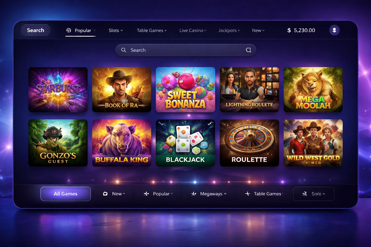 Digital casino dashboard with neatly arranged game categories and bright interface elements