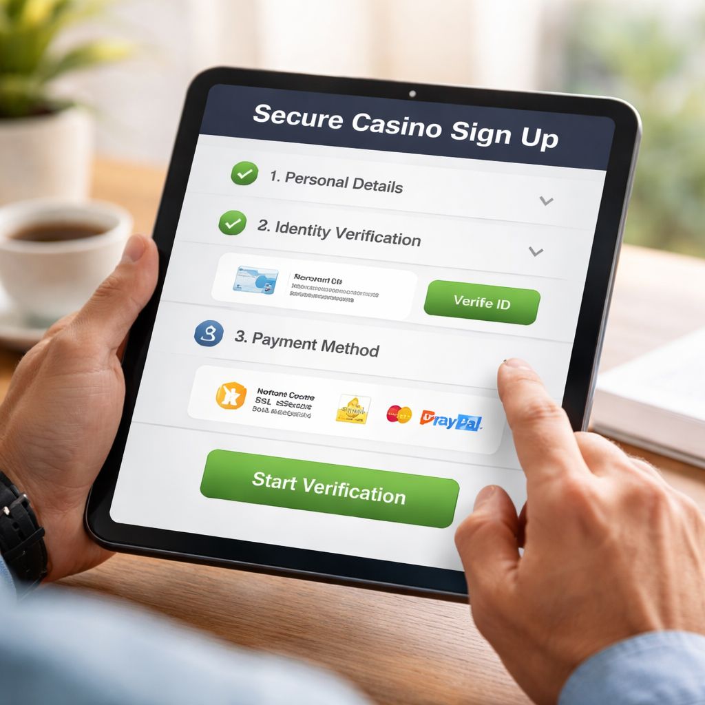 User reviewing registration steps on a tablet with secure casino account prompts