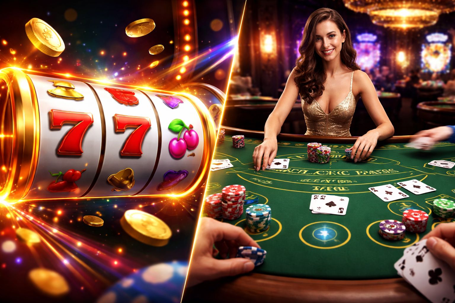 Split-screen casino scene showing slot action and live blackjack stream with smooth visuals