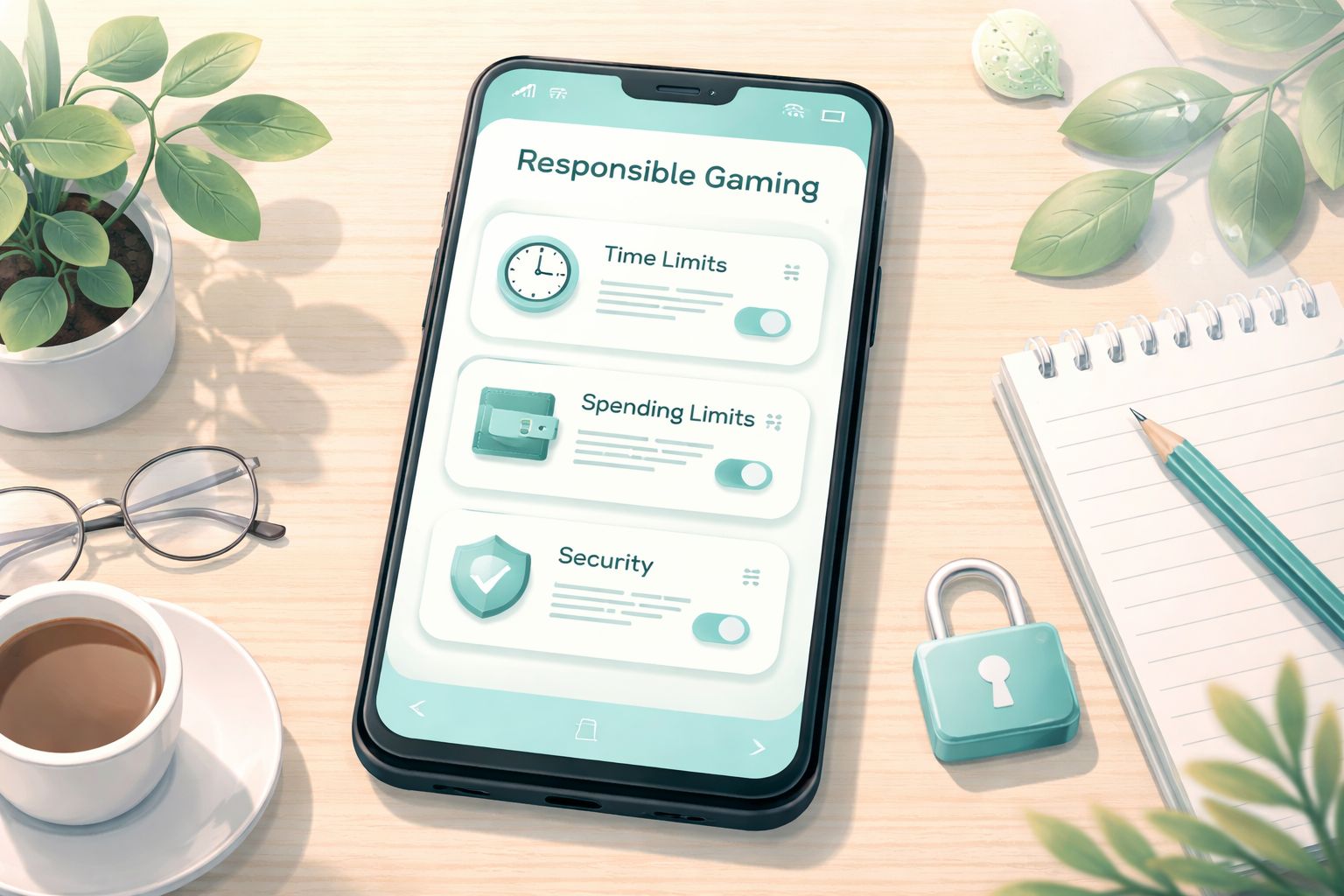 Responsible gaming controls displayed on a smartphone with shield and timer icons