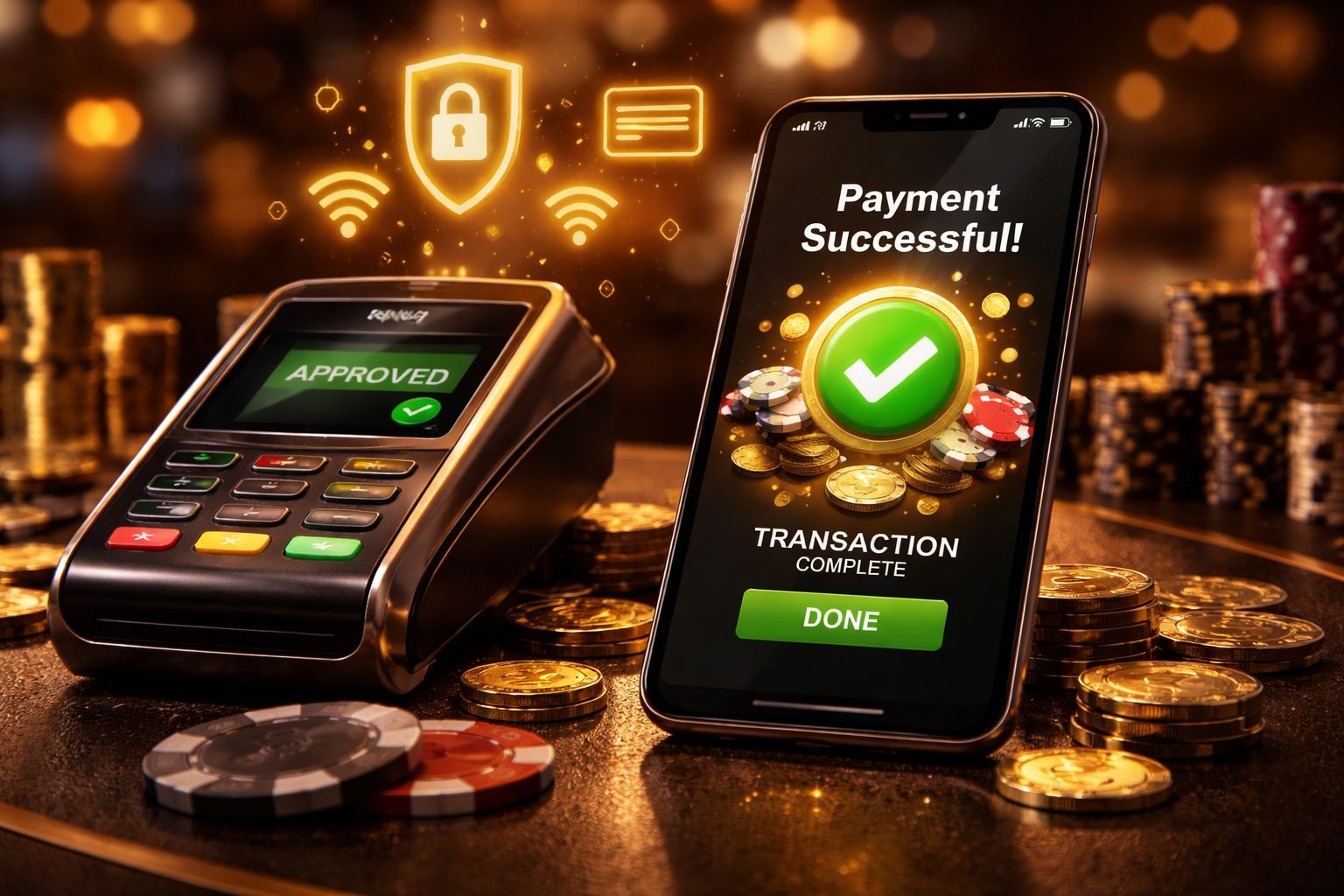 Secure casino payment confirmation on a phone beside modern transaction tools
