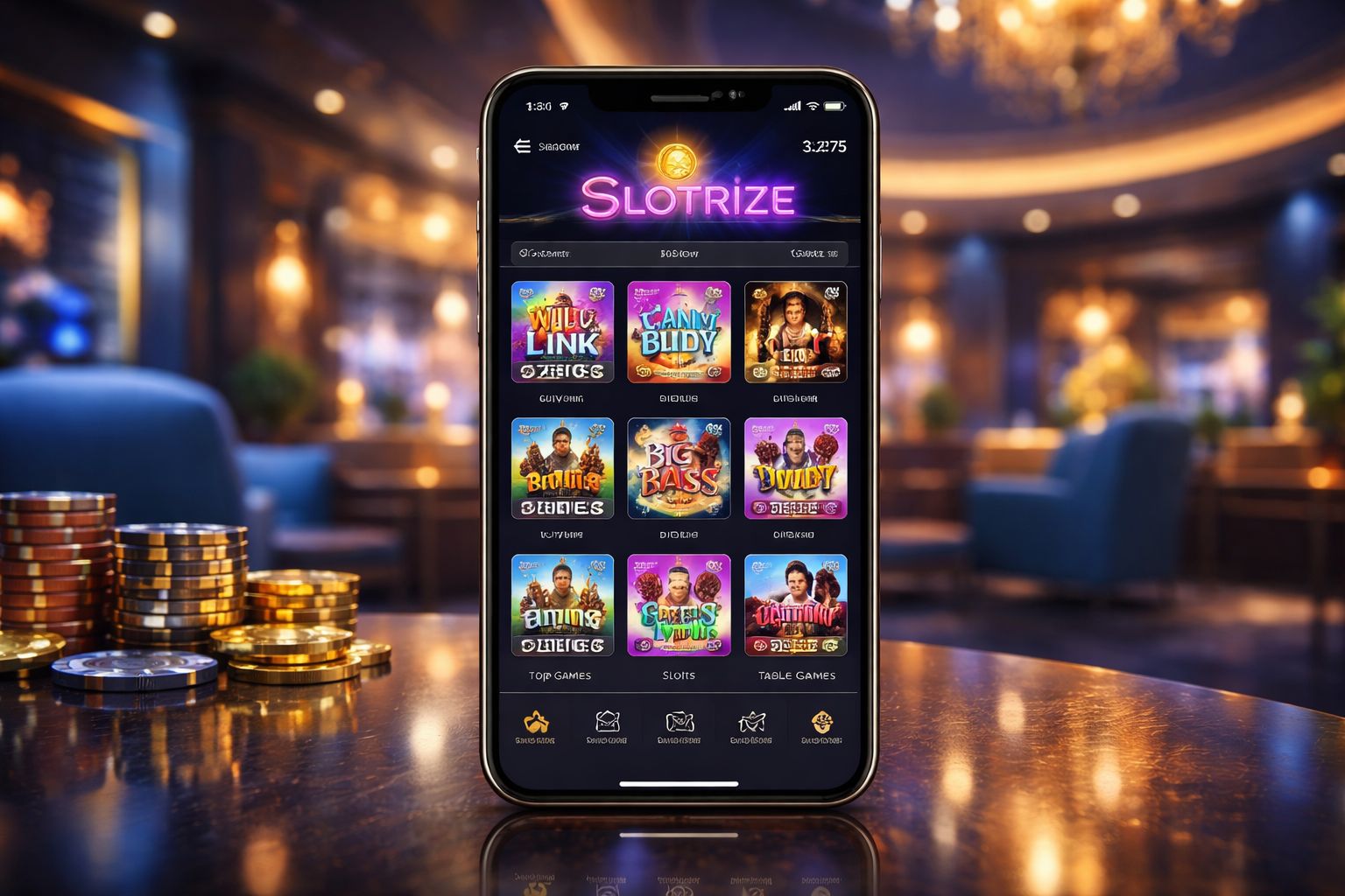 Mobile casino lobby with bright game tiles on screen