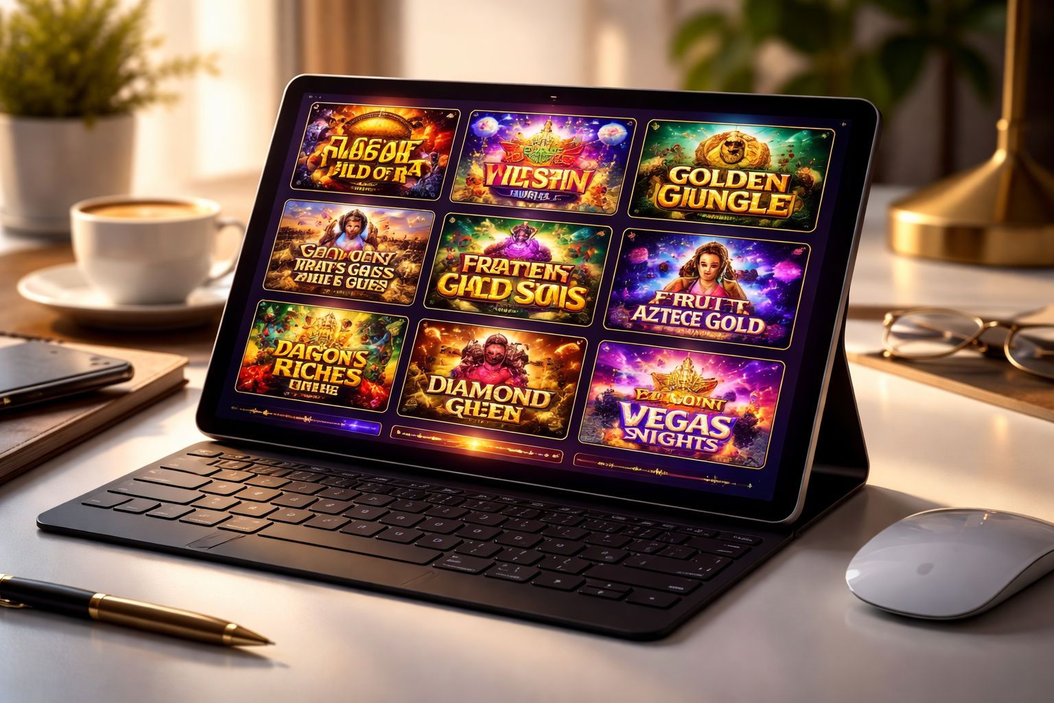 Tablet showing a curated collection of colorful slot games