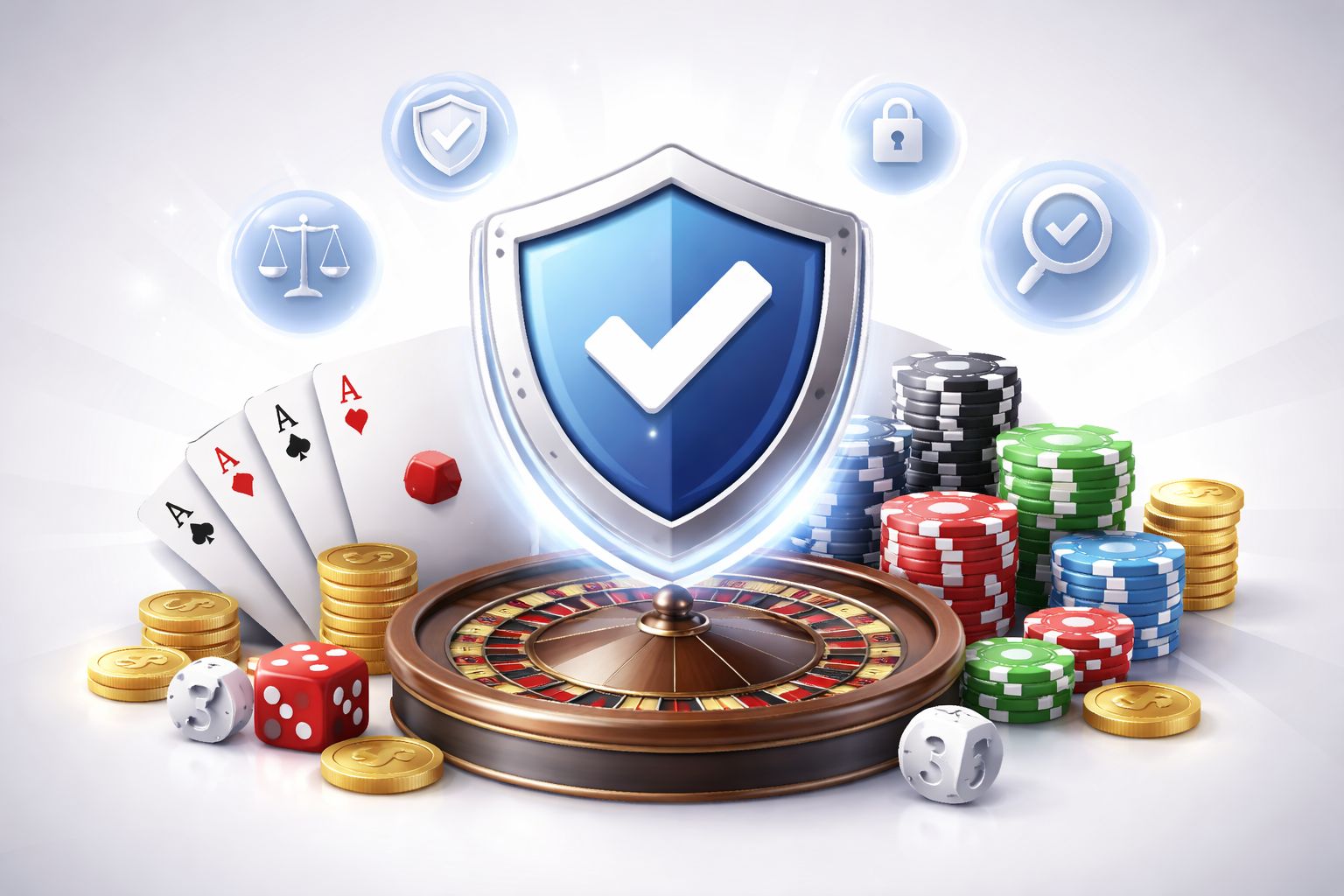 Casino symbols surrounding a shield representing secure fair play