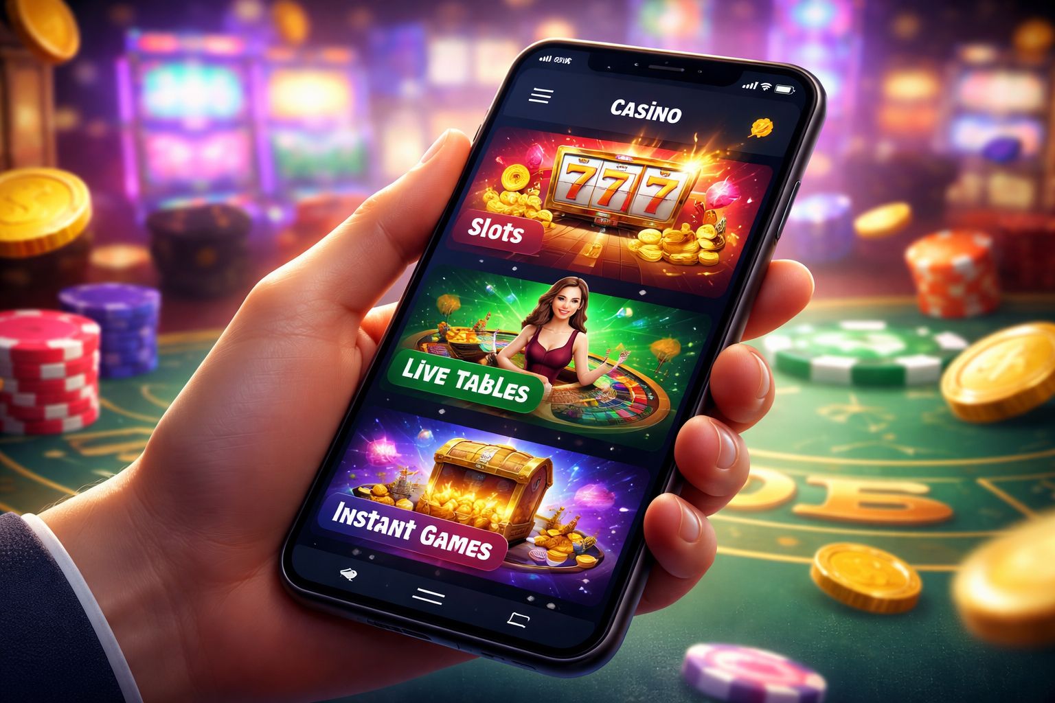 Hand browsing multiple casino game categories on a mobile screen