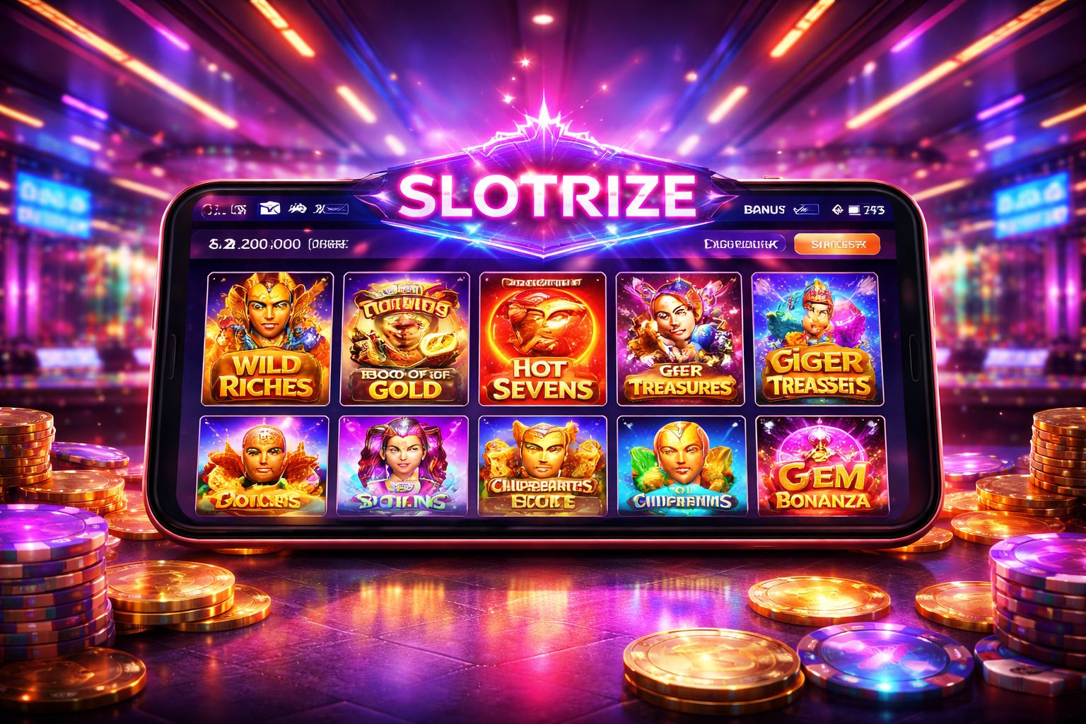 Slotrize slots lobby displayed on a mobile screen with bright casino game tiles