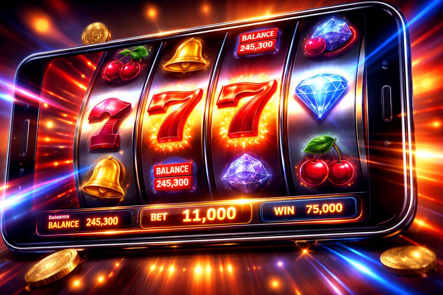 Close-up of a vivid Slotrize slot interface during an active spin